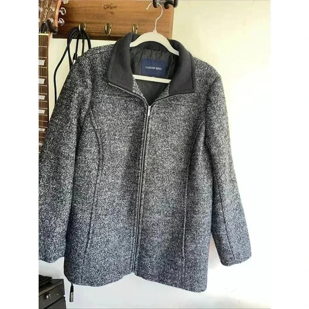 Lands' End Womens Jacket Size 16W Coat Full Zip Collared Pockets Gray Wool Blend